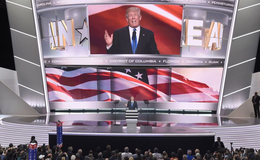 Republican presidential candidate Donald Trump introduces his wife, Melania, to delegates Monday night at the Republican National Convention in Cleveland. Trump formally received the nomination Tuesday in a roll call vote of the state delegations.