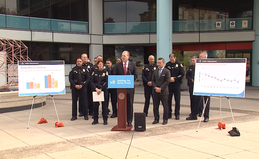 Mayor Kevin Faulconer speaks at a press conference on crime statistics, Feb. 14, 2016.