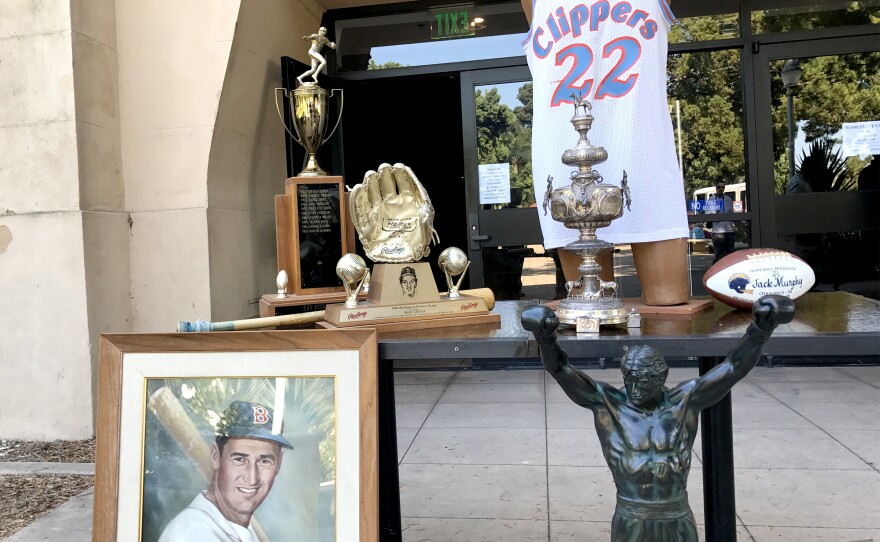 Some of the sports memorabilia up for auction from the San Diego Hall of Champions at Balboa Park, Oct. 18, 2017.