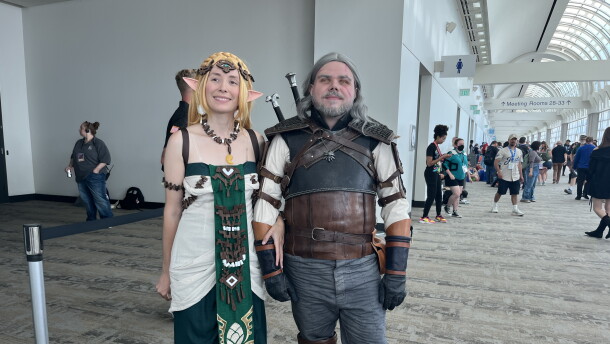 Diana and Andrew Bentle traveled from Lompoc, Calif. for their first Comic-Con. Andrew spent about $1,000 on materials and roughly 100 hours creating his armor cosplay inspired by "The Witcher 3," July 23, 2026.