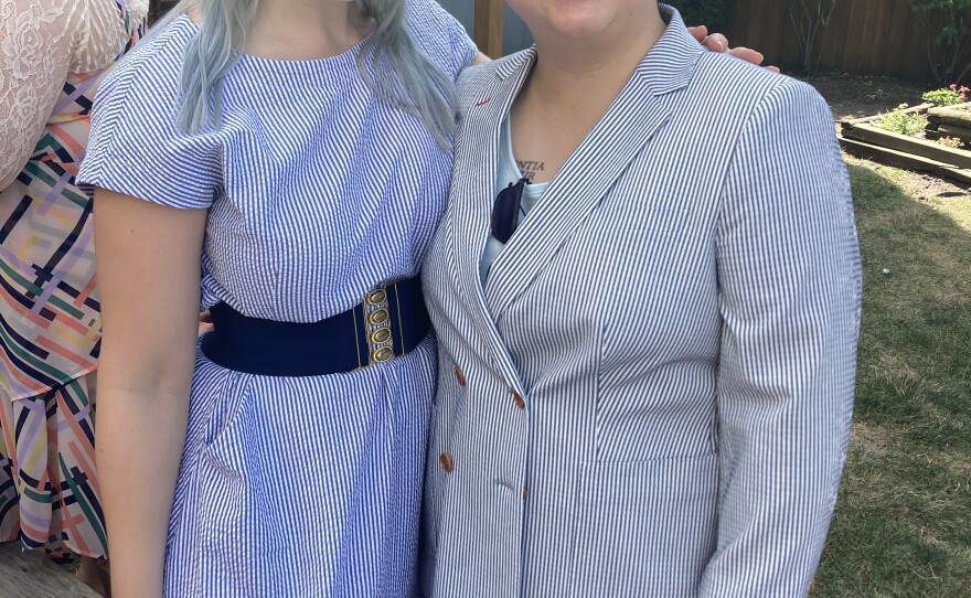 Left, a party guest, and right, Kate L.'s wife C.C., who co-hosted a themed brunch to celebrate a new seersucker suit.