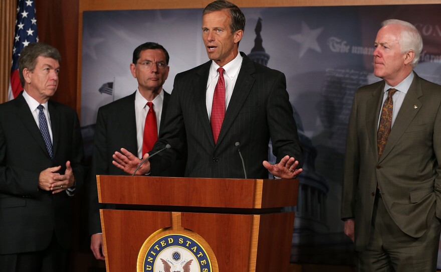 U.S. Sen. John Thune, R-S.D., speaks at a press conference Wednesday on Republican plans to delay enactment of the Affordable Care Act. Looking on are Sens. Roy Blunt, R-Mo., John Barrasso, R-Wyo., and John Cornyn, R-Texas.