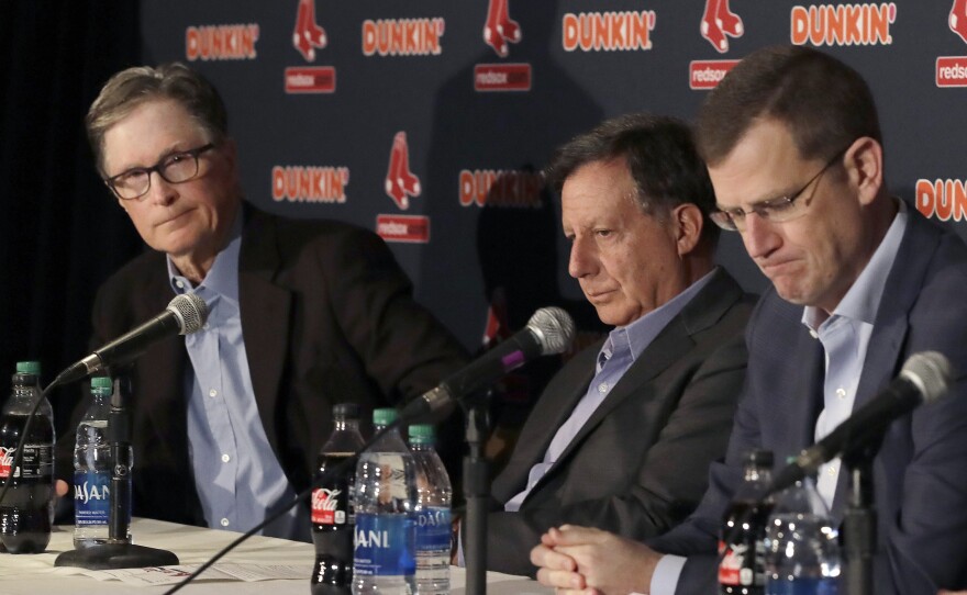 (From left) Boston Red Sox owner John Henry, chairman Tom Werner and CEO Sam Kennedy during a news conference at Fenway Park, Jan. 15. The team was told Wednesday about the penalty Major League Baseball was assessing for sign-stealing in 2018.