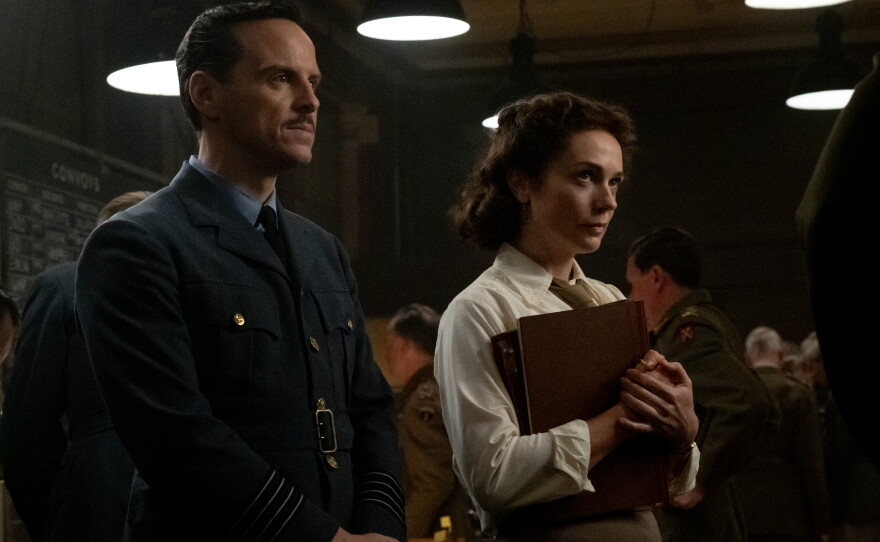 Andrew Scott as Captain James Stagg and Kerry Condon as Kay Summersby.