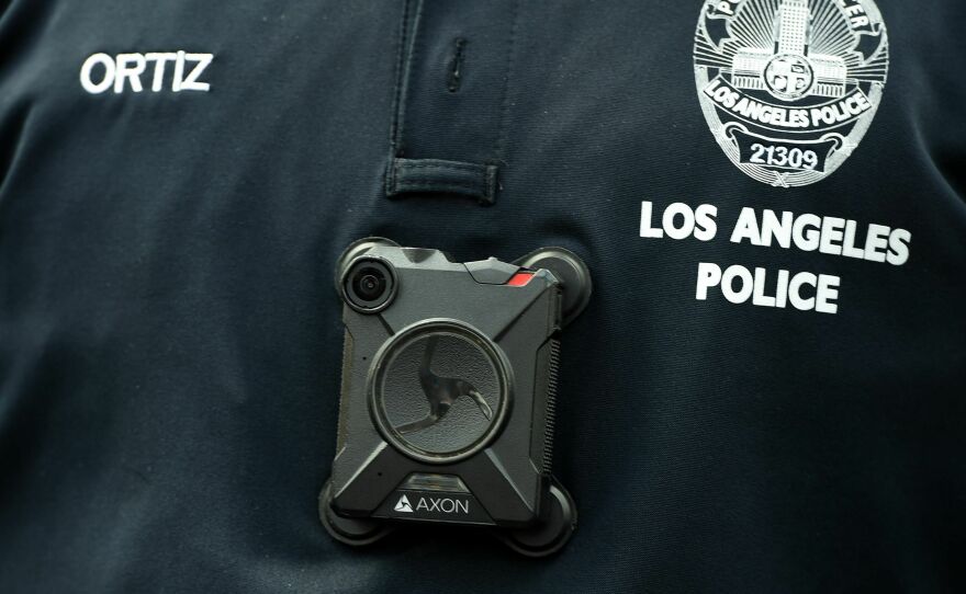 A body camera, similar to the one worn here by a Los Angeles Police Department officer in June 11, 2017, captured images of Keenan Anderson being restrained by police.