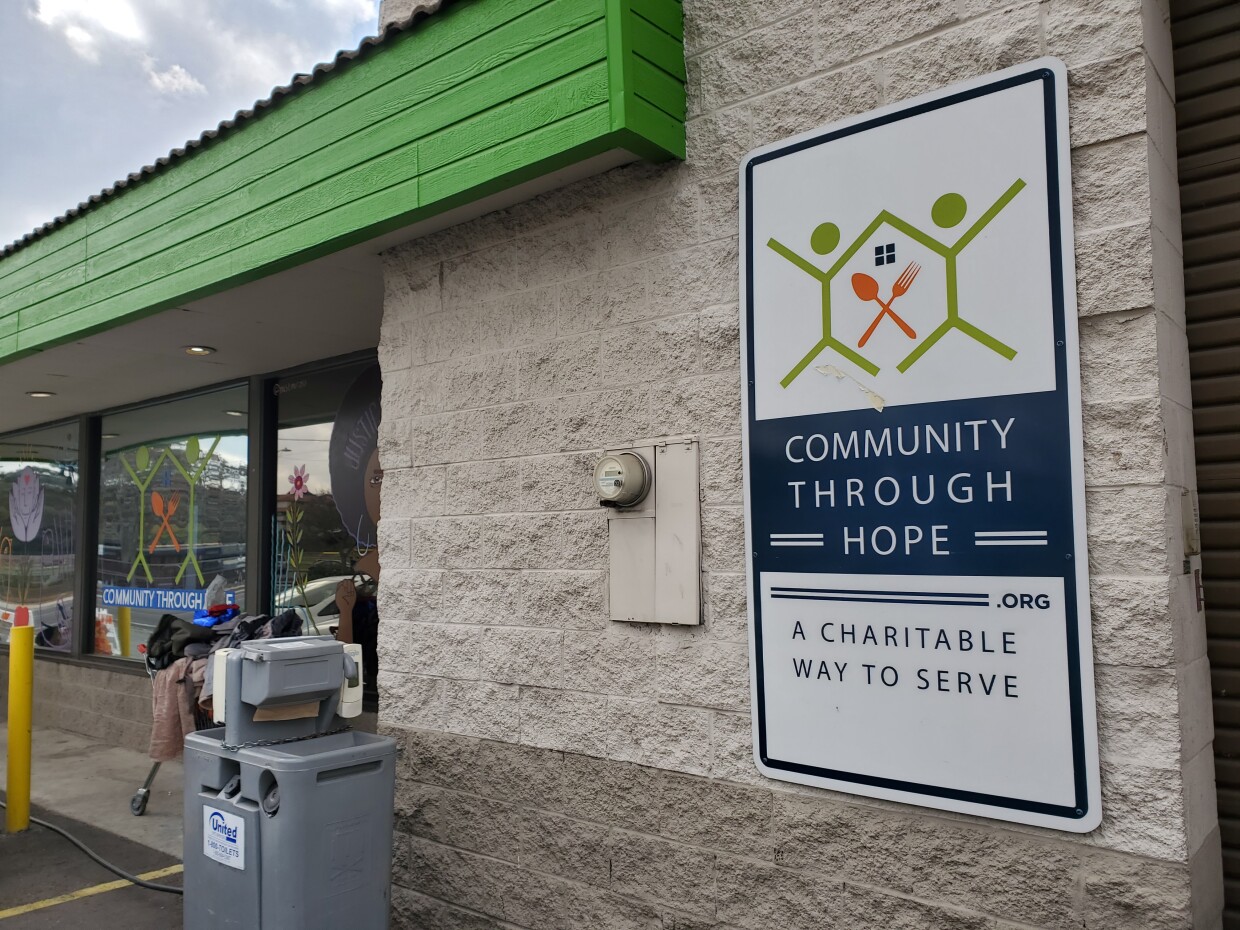 The outside of Community Through Hope's warehouse where the nonprofit gives out food and provides homeless services, Feb. 1, 2022.