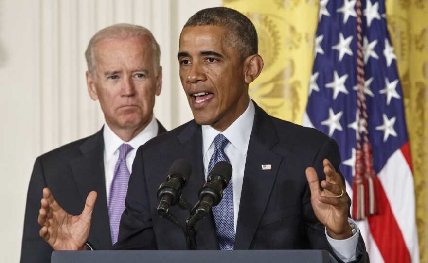 President Obama outlines the "It's On Us" campaign to help colleges and universities to prevent and respond to sexual assault on campus, as Vice President Joe Biden looks on.