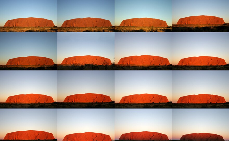 What color is Uluru? A sunset series of photos of the iconic rock of central Australia, taken over a 40-minute period, reveal the color-shifting power of illumination.