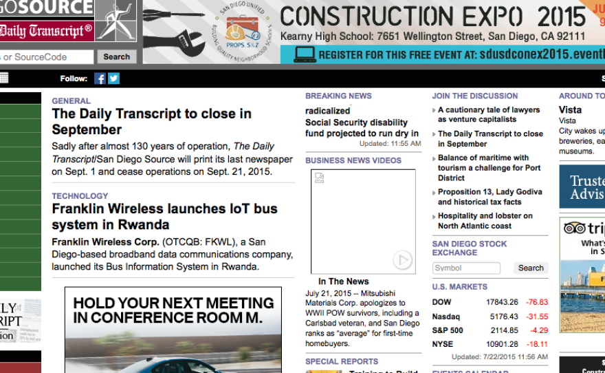 A screenshot of the San Diego Daily Transcript's website, July 22, 2015.