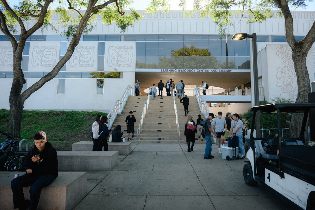 Students walk through Southwestern College in Chula Vista on Oct. 21, 2024. Southwestern is one of a number of community colleges where some students who live in Mexico are now eligible for in-state tuition.