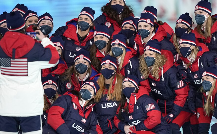The team from the United States arrives during the opening ceremony of the 2022 Winter Olympics, Friday, Feb. 4, 2022, in Beijing.