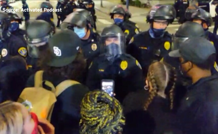 Protesters clash with police in downtown San Diego, Aug. 25, 2020.