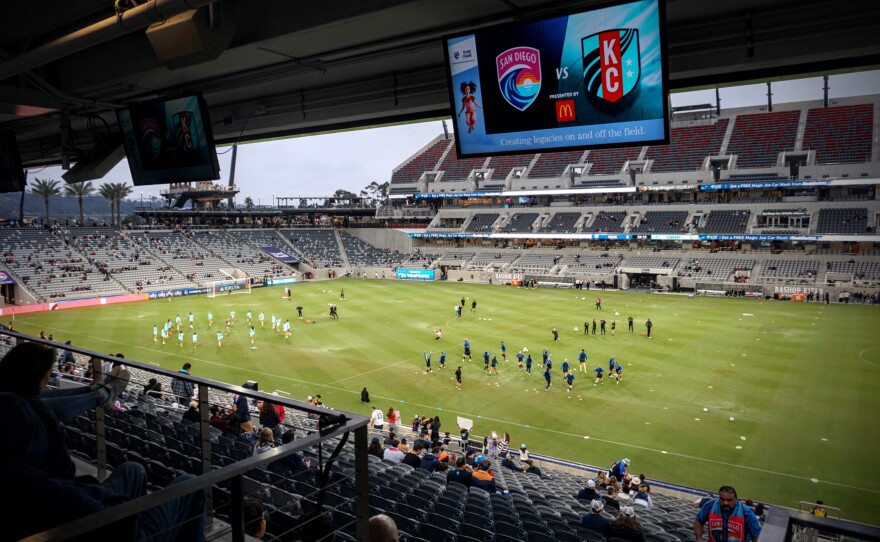 Pregame warmups before an NWSL match at Snapdragon Stadium featuring San Diego Wave FC and Kansas City Current.