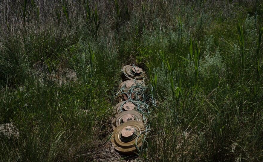 A string of anti-tank mines hidden by Ukraine's armed forces in the tall grass at the national park to deter a Russian amphibious landing.