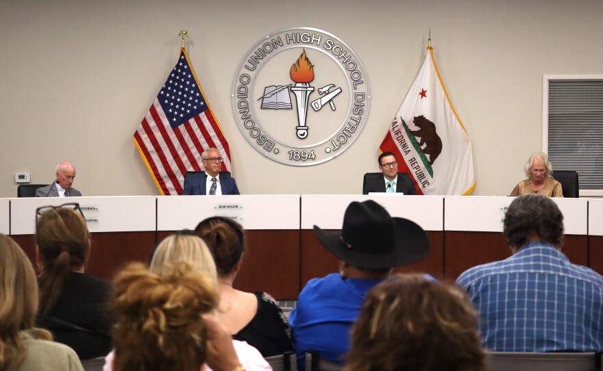 Escondido Union High School District Superintendent Jon Petersen, Board President Bob Weller, Vice President Ryan Williams and Clerk Carol Durney at a board meeting on Tuesday, Sept. 9, 2025.