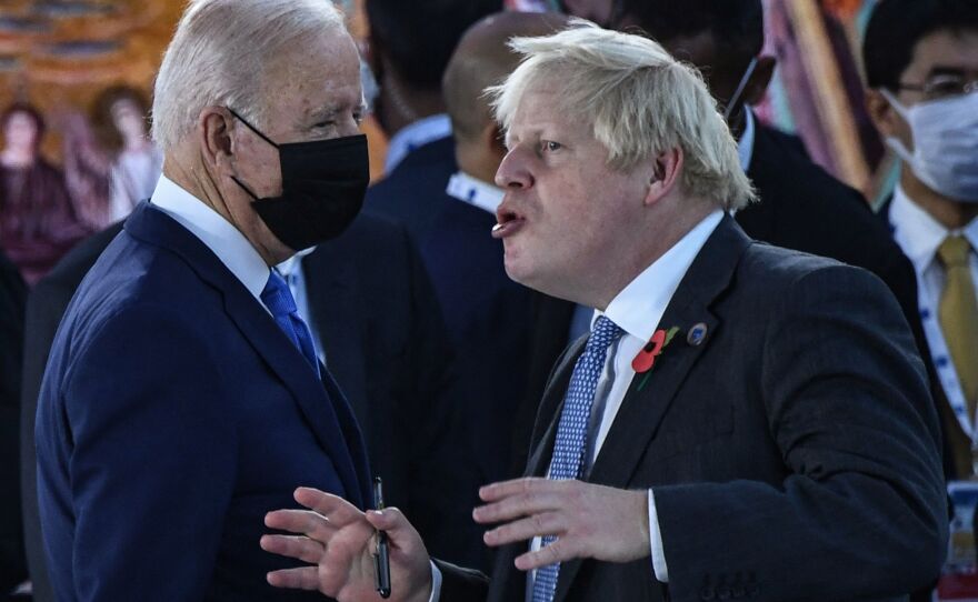 President Biden and British Prime Minister Boris Johnson talk prior to the opening session of the G-20 summit.