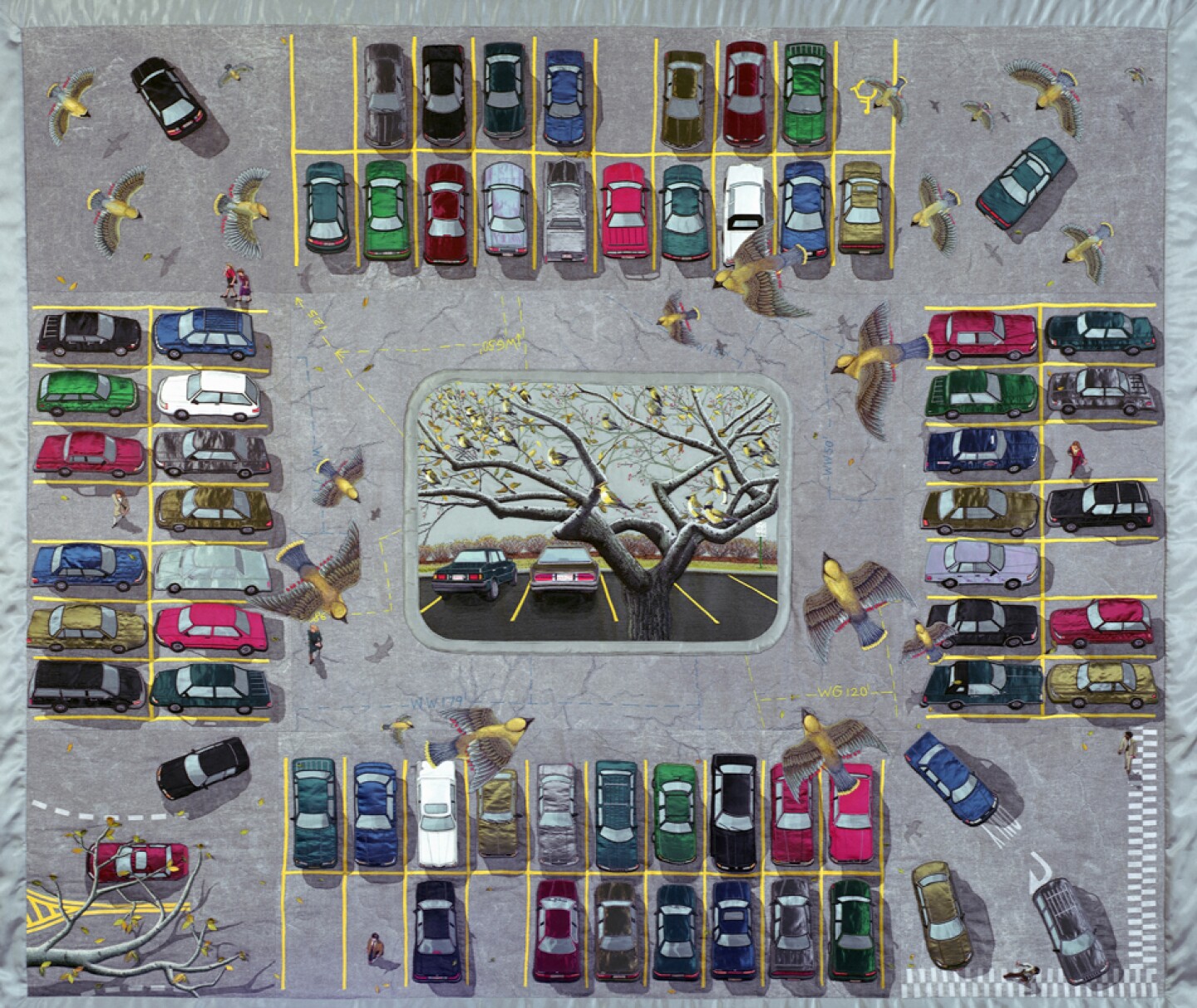 “Cedar Waxwings at the AT & T Parking Lot,” 1996, by Terese Agnew.