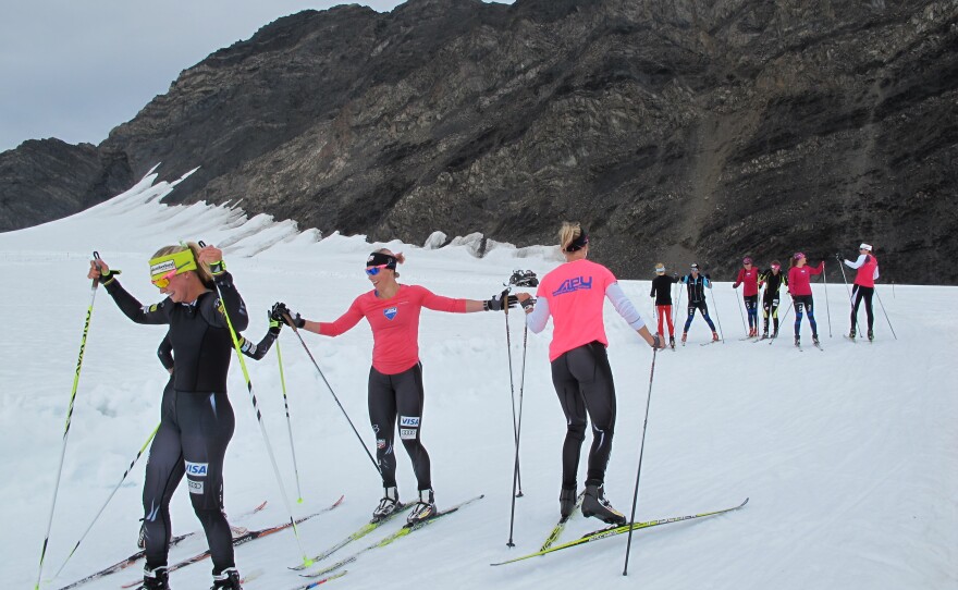 Skiers Jesse Diggins (from left), Kikkan Randall and Sadie Bjornsen finish practice. During the summer, they ski on Eagle Glacier in Anchorage to prepare for competition. It's one of the only places where skiers can train during the summer.