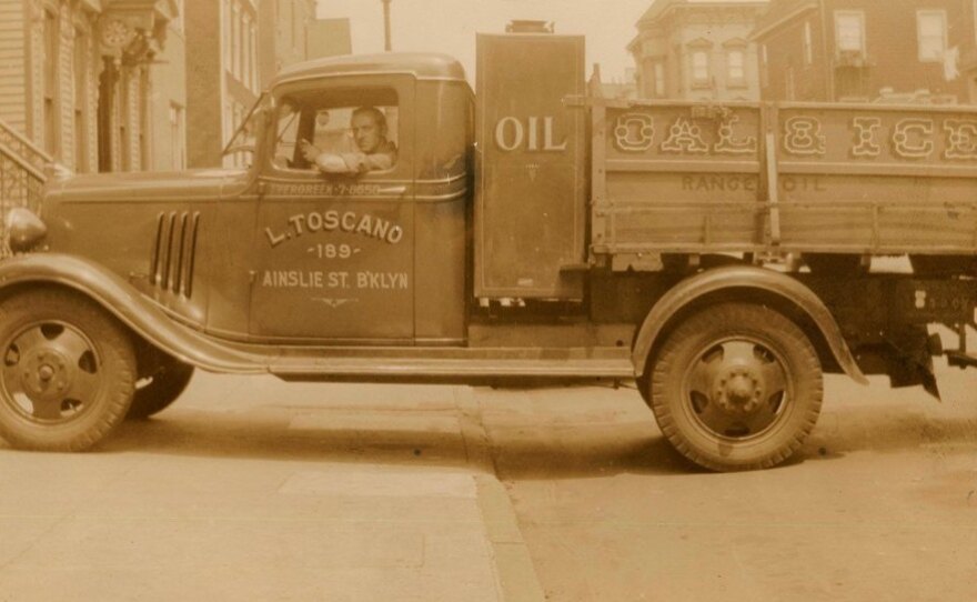 Michael Toscano, father of Brooklyn Public Library patron Vera Toscano, in his company truck, circa 1940.