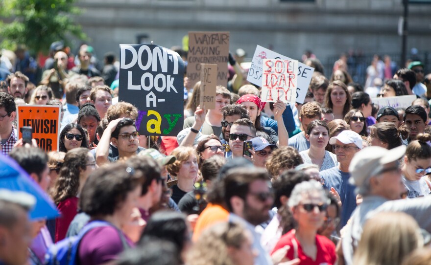 Participants of the Wayfair walkout gathered in Copley Square in Boston on Wednesday.