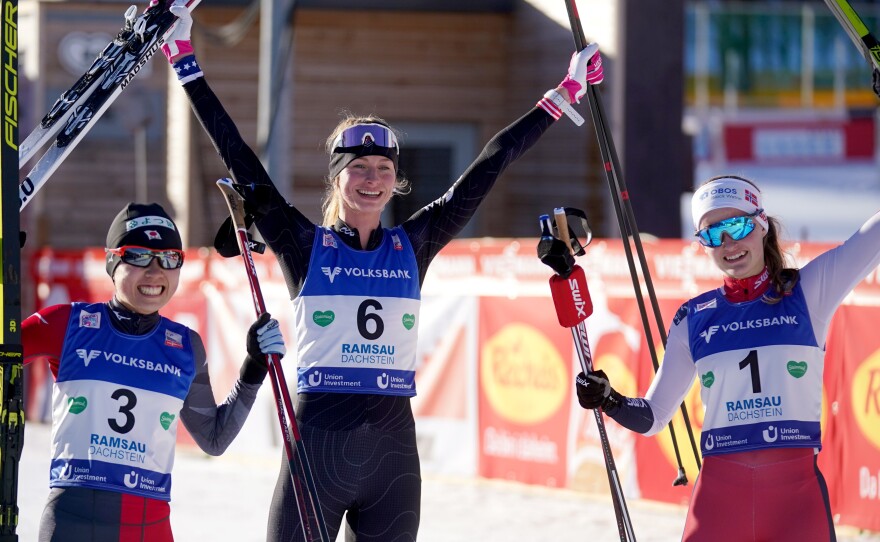 From left to right: Third placed Anju Nakamura of Japan, winner Tara Geraghty-Moats, and second placed Gyda Westhold Hansen of Norway react during the Women FIS Nordic Combined World Cup on Dec. 18, 2020.