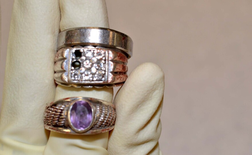 Rings worn by Henry Luis Gonzales when he was shot by San Diego Police Officer Kristel Miranda, Feb. 27, 2014. Miranda said she mistook the rings for a gun.