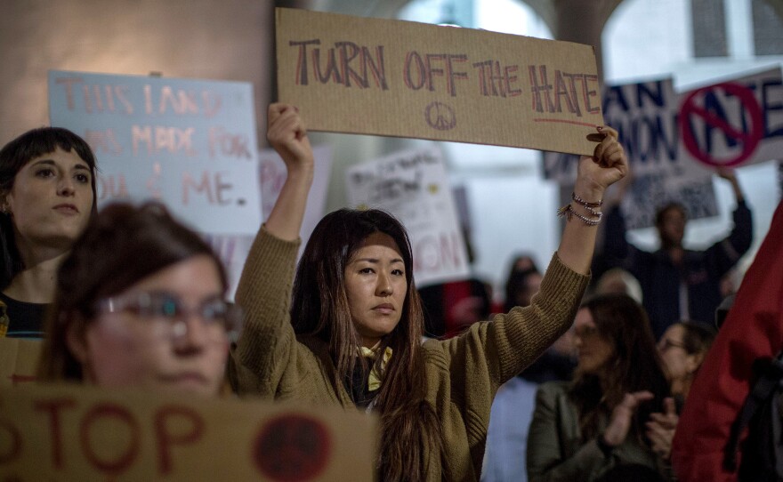 People protest the appointment of white nationalist alt-right media mogul, former Breitbart News head Steve Bannon, to be chief strategist of the White House by President-elect Donald Trump on Nov. 16, near City Hall in Los Angeles, Calif.MCNEW/AFP/Getty Images)