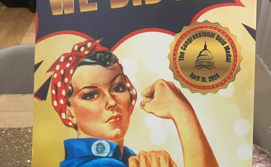 A triumphant image of the Rosie the Riveter is displayed at the Hamilton Hotel in Washington, D.C.