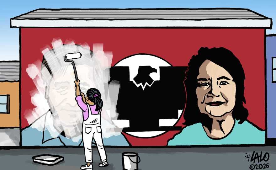 Cesar Chavez and Dolores Huerta were co-founders of the United Farm Workers. On March 18, Huerta issued a statement alleging that Chavez raped her. Cartoonist Lalo Alcaraz says creating this image was a sort of therapy.