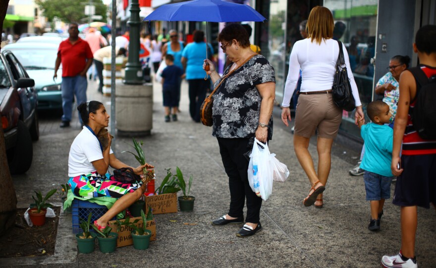 Mariluz Diaz Nieves sells orchids at an outdoor street market.