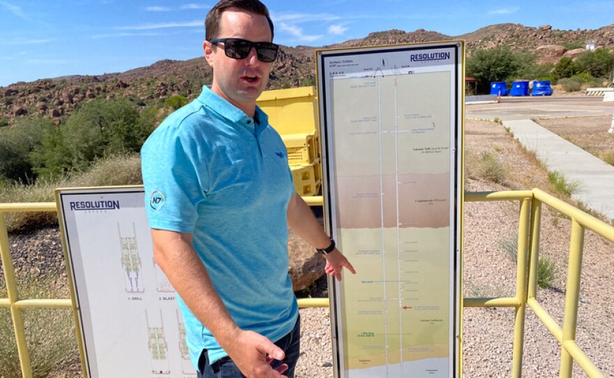 Tyson Nansel, spokesperson for the Resolution Copper mine, shows how the copper is about 6,800 feet underground. To process the copper, the mine will use billions of gallons of local water and stored Colorado River water.