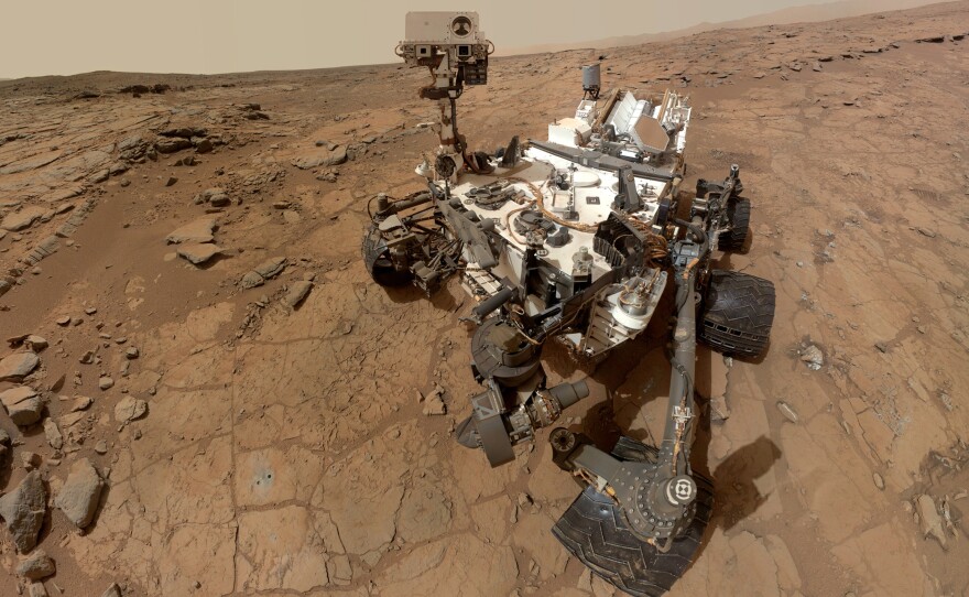 A self-portrait taken by the NASA exploration rover Curiosity in Gale crater on Mars.