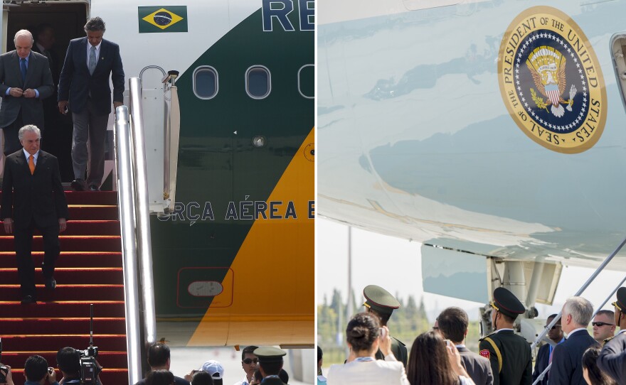 Brazilian President Michel Temer (left) used red-carpeted stairs when he landed at Hangzhou Xiaoshan International Airport one day before President Barack Obama — who's seen disembarking from Air Force One in Hangzhou Saturday, using his plane's airstairs.