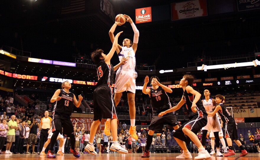 Brittney Griner puts up a shot against Japan during a 2013 preseason WNBA game in Phoenix.