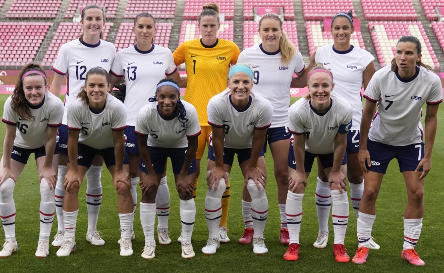 On Tuesday, members of of the U.S. National Women's Soccer team, pictured at the 2020 Tokyo Summer Olympics, marked Equity Pay Day in a panel discussion with Vice President Kamala Harris.