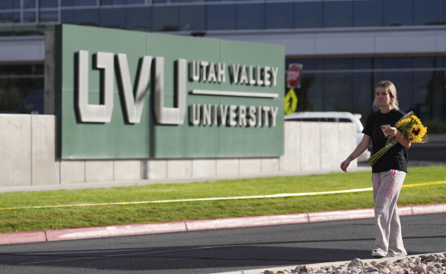 Meagan Bradley walks to a memorial for Charlie Kirk at Utah Valley University in Orem, Utah, Friday, Sept. 12, 2025.