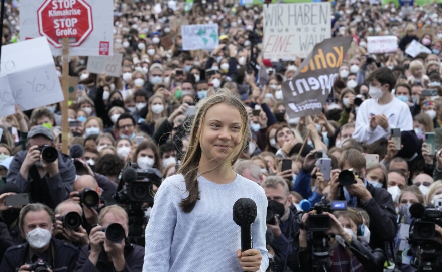 Thunberg at a Fridays for Future global climate strike in Berlin in 2021.