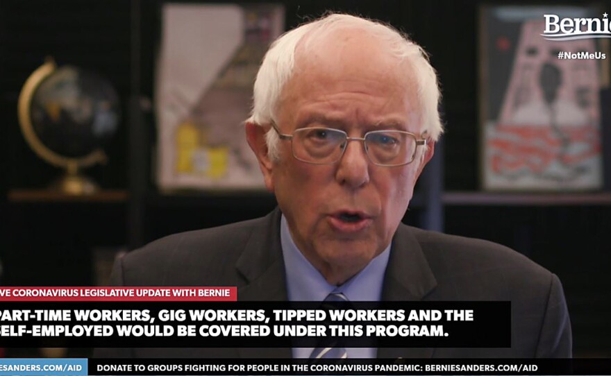 Democratic presidential candidate Bernie Sanders, U.S. senator from Vermont, talks about the coronavirus relief bill on Wednesday in one of several speeches about the crisis streamed on his campaign website.