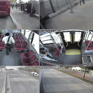 inewsource reporter Brad Racino and KPBS videographer Nic McVicker can be seen on cameras that are installed in an MTS bus.