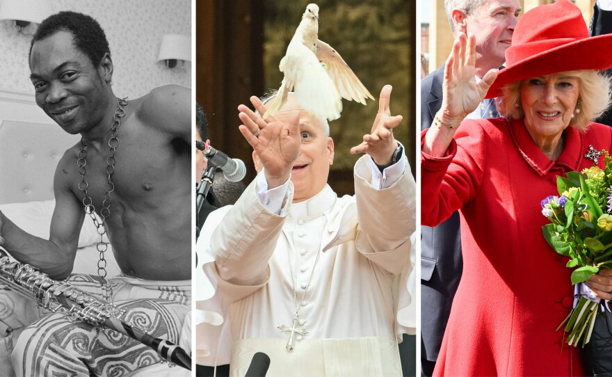 From left: Fela, Pope Leo and friend, Queen Camilla.