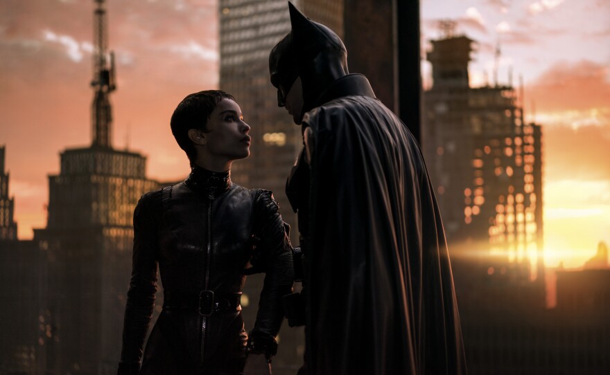 Zoë Kravitz as Selina Kyle/Catwoman and Robert Pattinson as Batman in "The Batman."