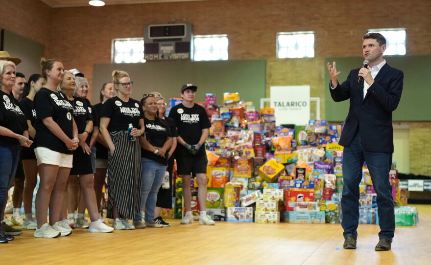 Democratic U.S. Senate candidate Texas state Rep. James Talarico speaks at a food drive at the Frederick Douglass Human Services and Justice Center.