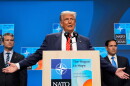 President Donald Trump speaks during a media conference at the end of the NATO summit as Secretary of State Marco Rubio, right, and Defense Secretary Pete Hegseth listen in The Hague, Netherlands, June 25, 2025.