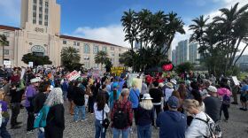 Protesters across San Diego join a nationwide walkout and demonstration against the Trump administration at the San Diego Administration Building on Jan. 20, 2026.