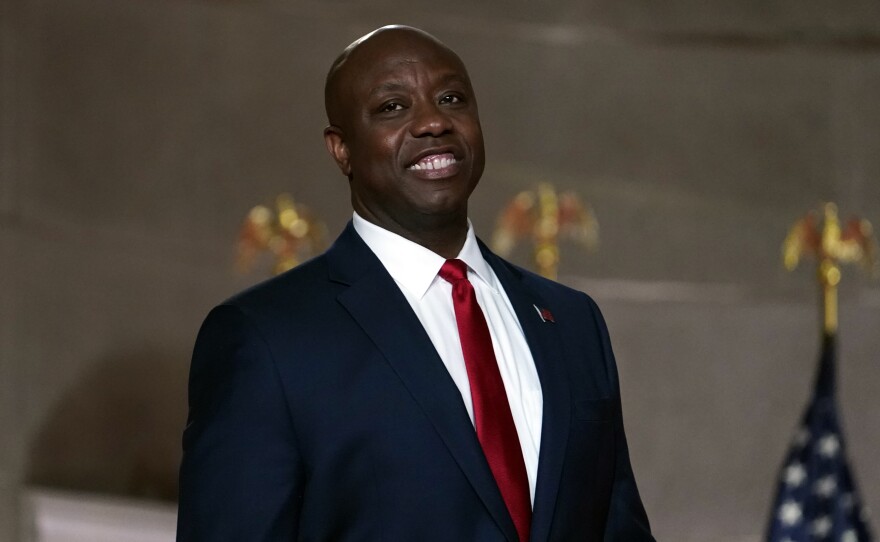 Sen. Tim Scott, R-S.C., pictured at the Republican National Convention on Aug. 24, 2020, is giving the Republican response to President Biden's address to Congress on Wednesday.
