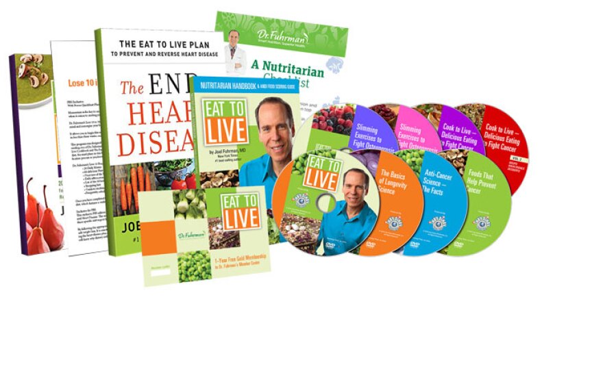 Give $25 a month or $300 all at once and receive the Eat To Live Ultimate Collection featuring ”The End of Heart Disease” book; “Eat to Live” cookbook; 8-DVD library; "Nutrinarian" handbook and food scoring guide; “10 Pounds in 20 Days” quickstart guide; one-year website membership card; food checklist refrigerator magnet. This gift includes a KPBS License Plate Frame (if you're a new member). Also enjoy access to KPBS Passport and myKPBS Film Club. The program DVD only is available at the $120 level.