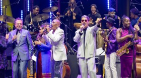 (Front row) Kurt Elling, Varijashree Venugopal, Dee Dee Bridgewater, José James, and Tia Fuller; (back row) Kendrick Scott, Teri Lynne Carrington, Rhani Krija, Marcus Miller, Etienne Charles, and David Sánchez perform “Imagine” to close International Jazz Day in Abu Dhabi, U.A.E.