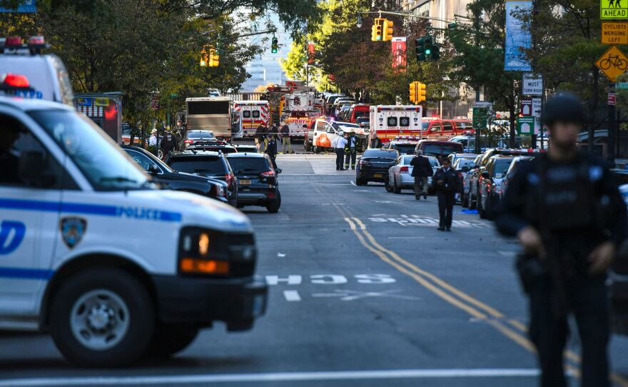 Police secure the area in Lower Manhattan near where a vehicle drove onto a bicycle path Tuesday afternoon, killing "several people," according to New York City police.