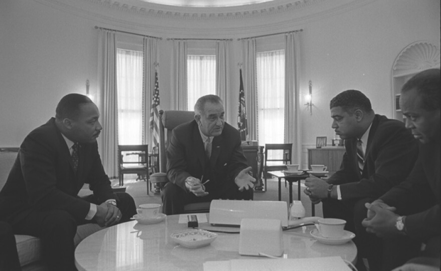 President Lyndon B. Johnson meets with Civil Rights leaders: (L-R) Martin Luther King, Jr., President Lyndon B. Johnson, Whitney Young, James Farmer, January 18, 1964.