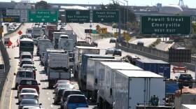 Traffic backs up on westbound interstate 80 as safety cones block the entrance to the the San Francisco Bay Bridge October 28, 2009 in Emeryville, California.